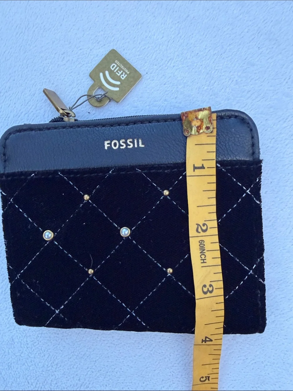 Fossil Black Quilted Zip Coin Wallet with Gold Accents